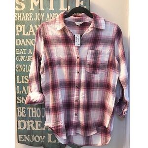 Woman’s Plum and White Plaid Button-up